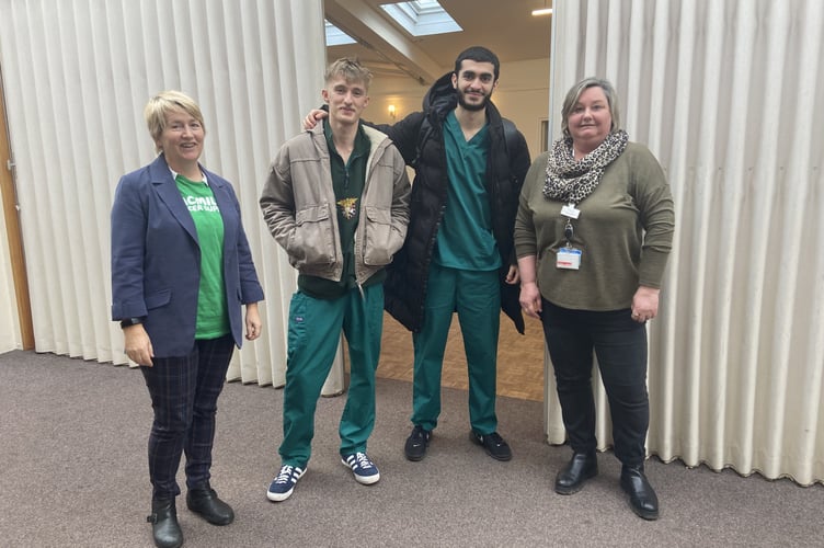 Di Charlton, Macmillan Engagement Lead and Paula Martin, Health and Wellbeing Manager, Mid Devon PCN with two third year medical students at the Listening events.
