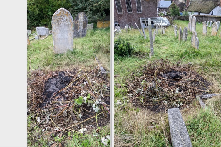 Images of the bonfire on the grave in the churchyard behind the old Congregational Church in Sandford.