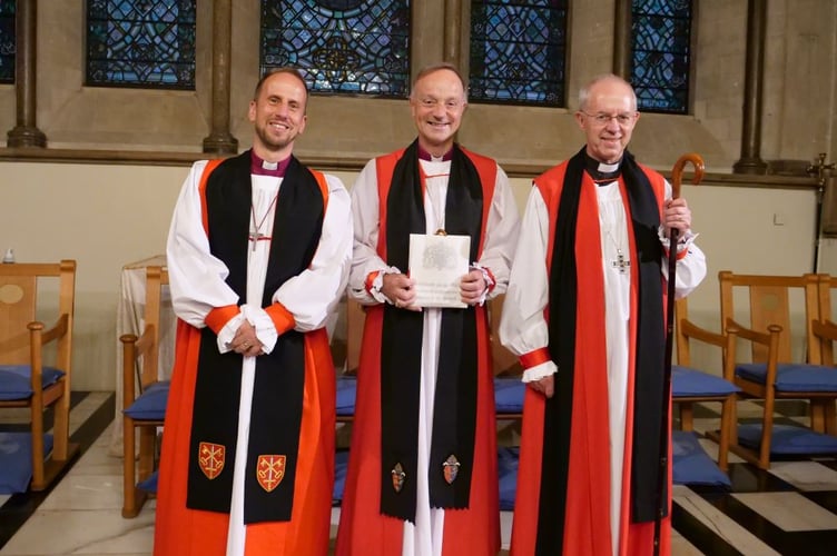 Bishop Mike, the Bishop of Exeter, centre, with, left, the Bishop of Plymouth, the Rt Rev James Grier and right, The Archbishop of Canterbury, the Most Rev Justin Welby.