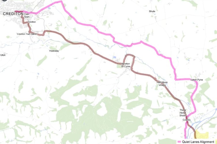 The two proposed Crediton/Exeter multi-use trail options.
