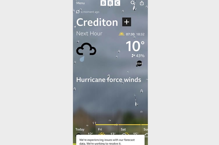 A screenshot of the weather prediction for Crediton showing Hurricane force winds are predicted.