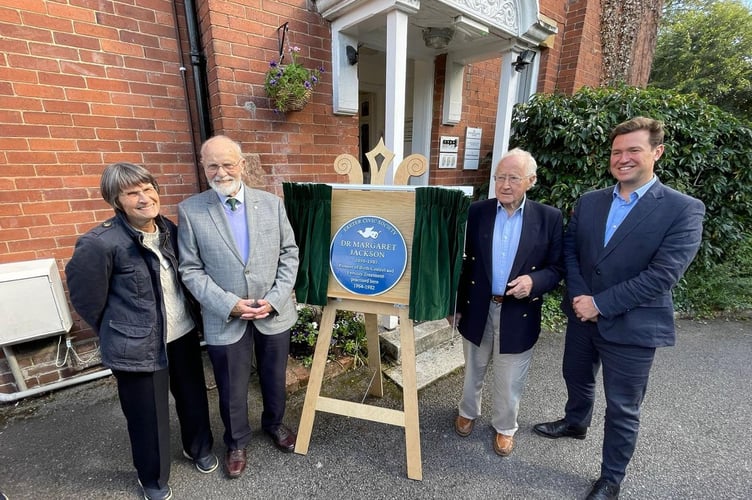 Exeter Civic Society unveiled a blue plaque to commemorate Dr Margaret Jackson, a pioneering doctor in family planning and fertility treatment. Pictured, left to right: Hilary Neville (Exeter Civic Society), Professor Bob Snowden (Exeter University), who worked with Dr Jackson, Dr Mark Jackson (son of Margaret Jackson) who unveiled the plaque, and Steve Race, MP for Exeter.