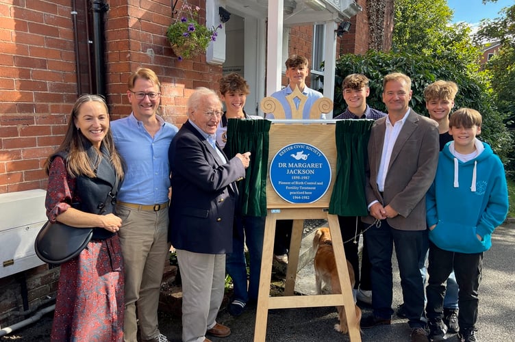 Exeter Civic Society unveiled a blue plaque to commemorate Dr Margaret Jackson, a pioneering doctor in family planning and fertility treatment. Pictured are members of the Jackson family who were present.