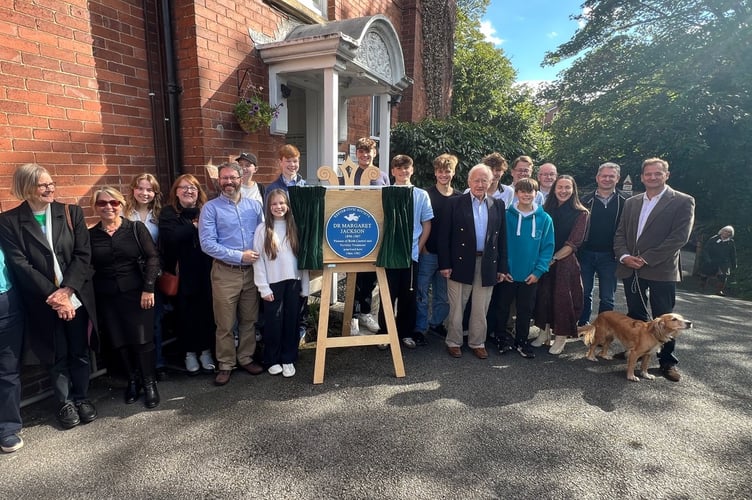 Exeter Civic Society unveiled a blue plaque to commemorate Dr Margaret Jackson, a pioneering doctor in family planning and fertility treatment. Pictured are members of the Jackson family who were present. Image courtesy of the Jackson family