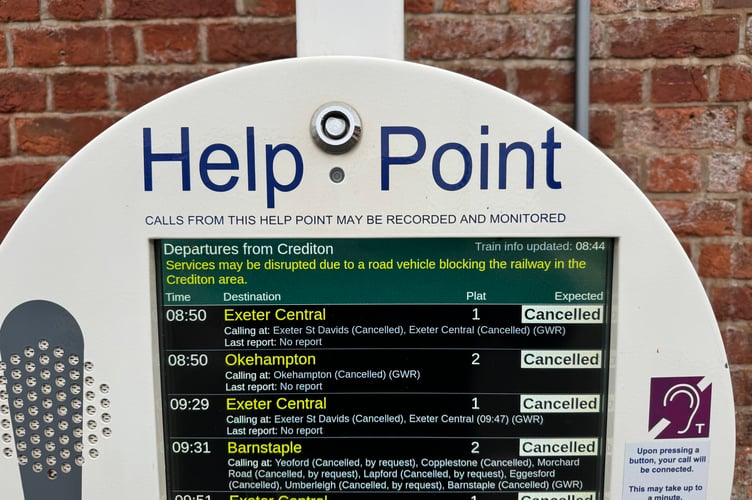 The Help Point notice at Crediton Station with details of the rail line closure. AQ 5918