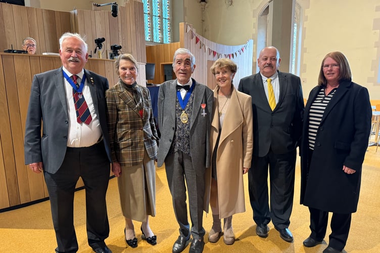 Mid Devon District Council Chairman, Cllr Frank Letch and Cllr Mrs Natalia Letch, centre with left, Honorary Alderman, David Pugsley and Mrs June Pither and right, District Councillor Simon Clist and Mrs Debbie Clist.  AQ 5754
