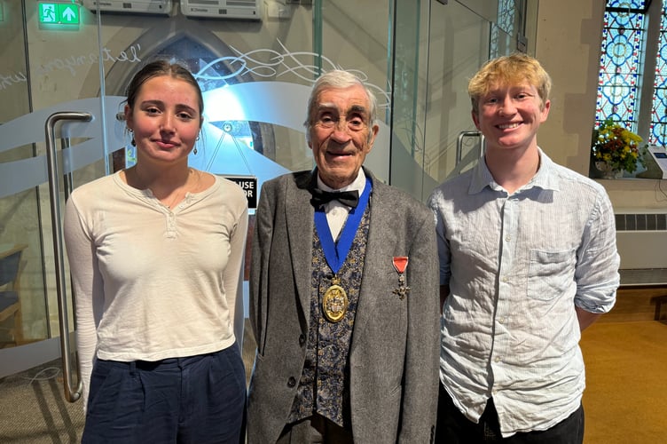 Cllr Letch with the Head Girl and Head Boy from Queen Elizabeth’s School, Crediton, Etta Fawssett and Sam Barker.  AQ 5752
