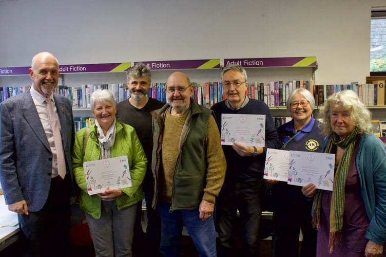 From left, Deputy Mayor Steve Huxtable, who presented certificates to It’s Your Neighbourhood Crediton group winning representatives, Jenni Pitts, Giles Fawssett, Bert Jewell, Nick Hasted, Ann Whitehouse and Esther Mann.