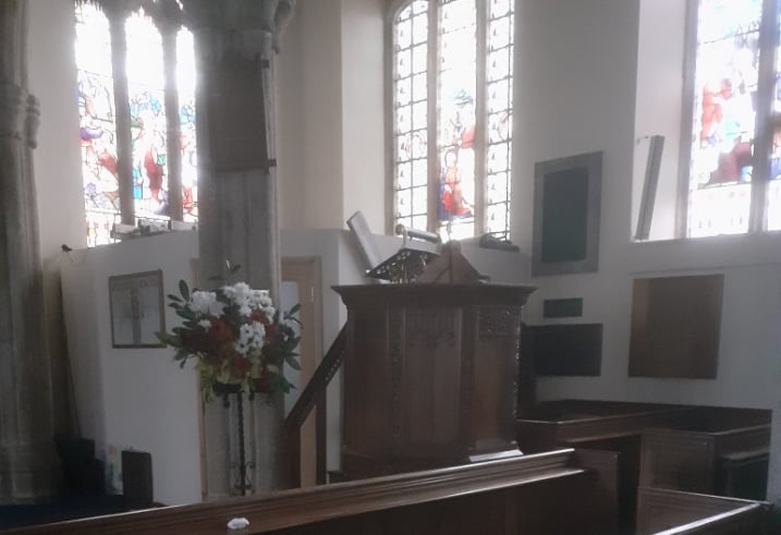 The pulpit is now facing the right way in North Tawton Parish Church at the side of the church