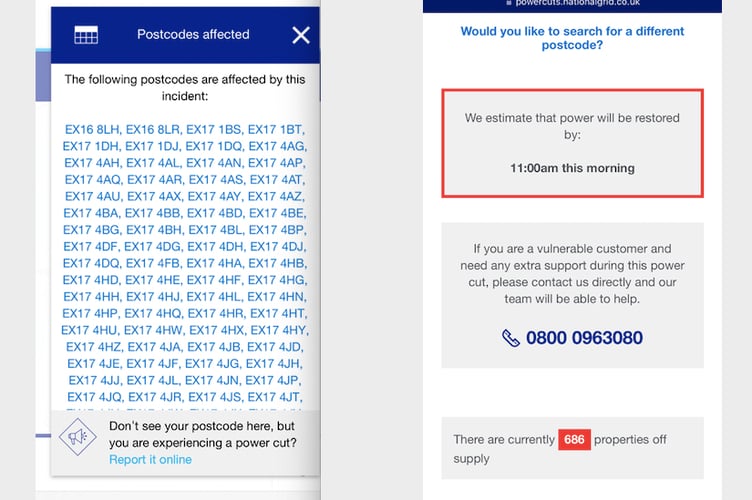 Details of the power cut in the Crediton area.
