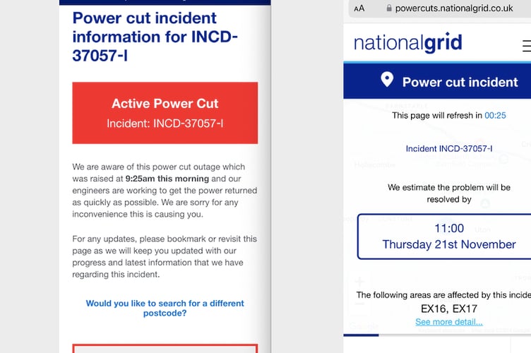 Details of the power cut in the Crediton area.