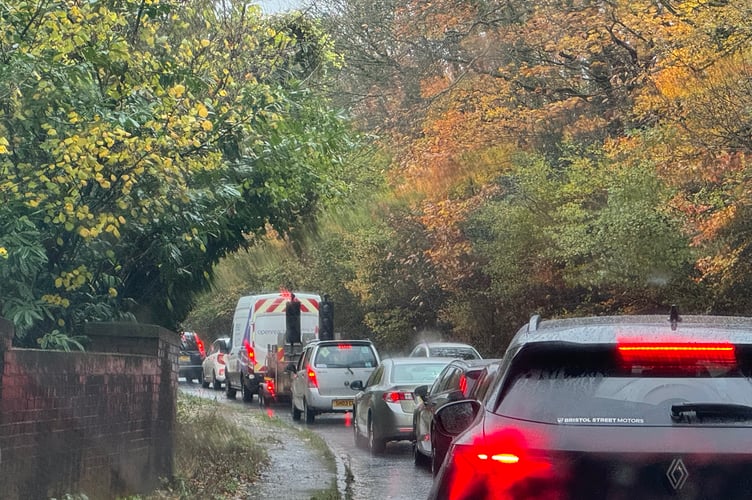The traffic which queued earlier when a large branch landed on a car on the A377. AQ 8388