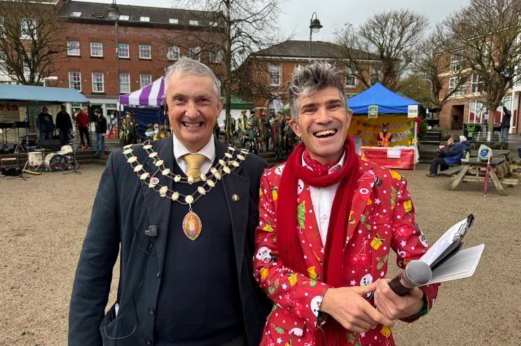 The Mayor of Crediton, Cllr Guy Cochran opened the event, pictured with MC Rob Pudner.  AQ 8783
