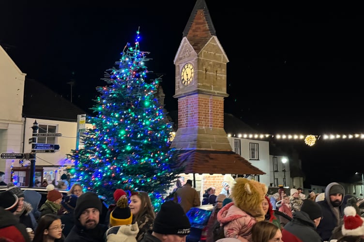 The lit tree and clock tower at North Tawton.  AQ 9564
