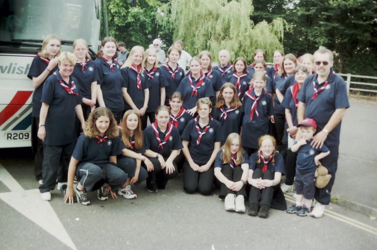 Members of 3rd Crediton Guides and leaders setting off on a 10-day trip to Switzerland in July 2002. DSC01359