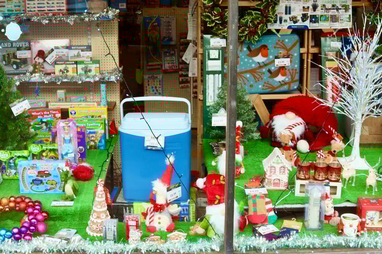 Part of Adams Home Hardware's Christmas window display (Will Goddard, Crediton Courier)