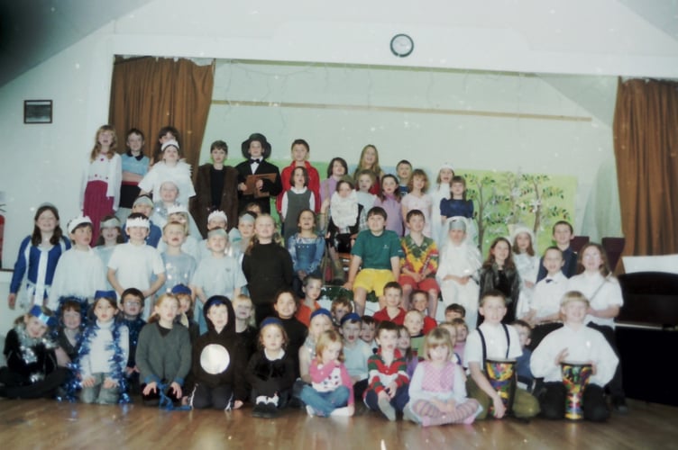 The cast of Cheriton Bishop School's pantomime in February 2004. DSC00951