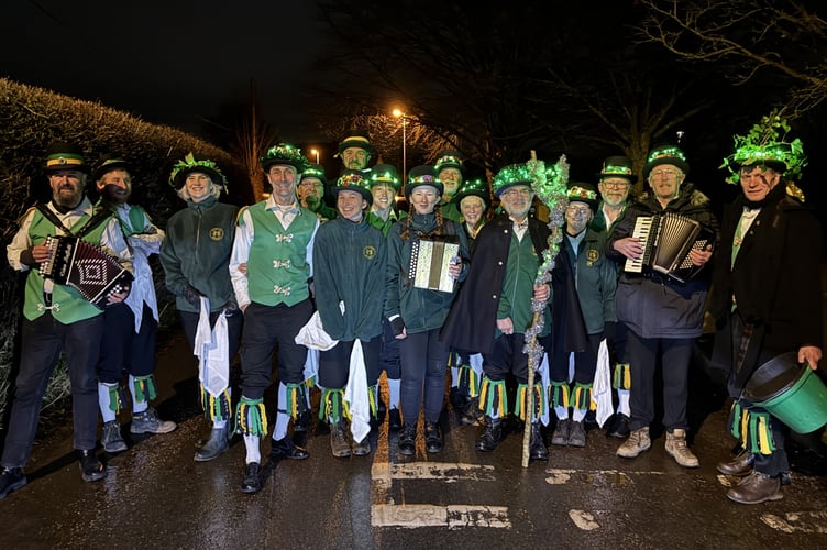Exeter Morris before the parade to Sandford Square.  AQ 1982
