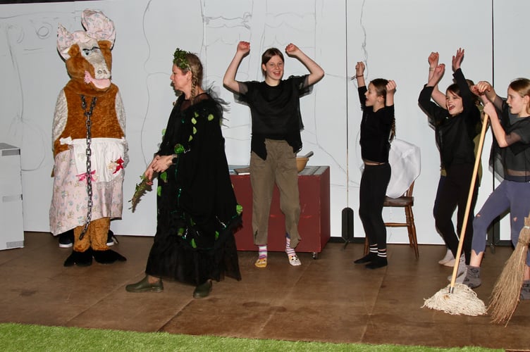 During rehearsals for Jack and the Beanstalk at Sandford.
