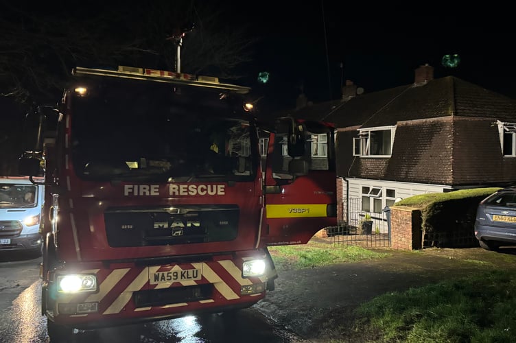 The Crediton fire appliance at the scene of the Winswood house fire.  AQ 4324
