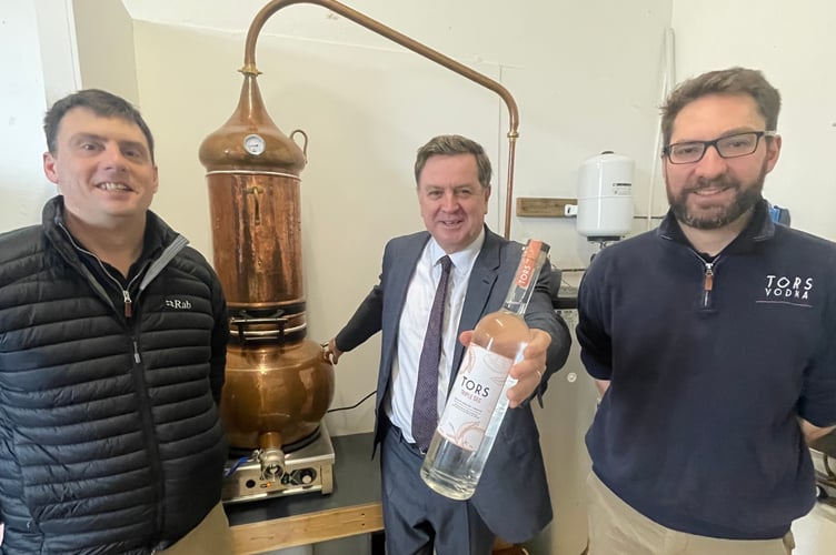Jonathan Bright, Edward Baily and Mel Stride MP at Tors Vodka in Okehampton. 
