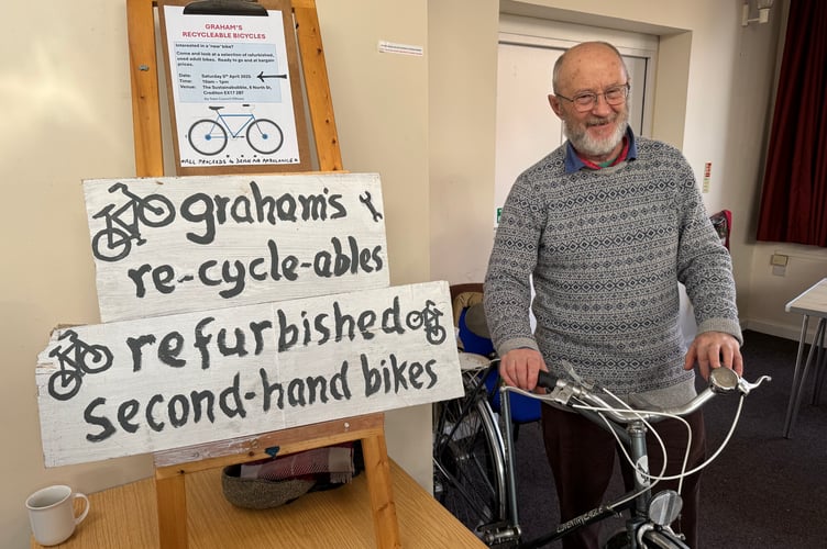 Graham’s Re-cycle-able’s Bicycles, run by Graham Ley, refurbishes second-hand bicycles for a donation to Devon Air Ambulance.  AQ 4409
