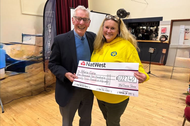 Outgoing Mid Devon Show President Ray Redford was able to present his chosen charity Marie Curie with £1,227.40 from last year’s Show, received by Amanda Fosbrooke.
