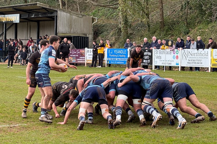 Scrum down between Crediton Firsts and Tiverton.  AQ 5700
