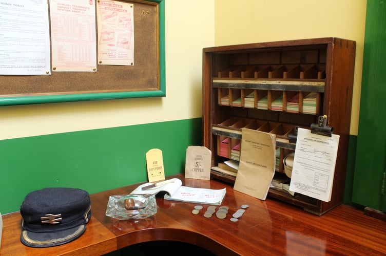 Arthur Westlake's cap in the heritage ticket office at Okehampton Station.
