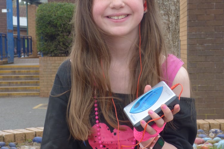 Dressed as a Sony Walkman for Red Nose Day at Landscore Primary School in Crediton.
