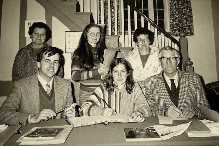 A Sandford Parish Council meeting held in the school room of Sandford Congregational Hall in March 1986, left to right, E Sparkes, M Vallance, Suzi Williams, Chairman Jean Howard (nee Munday), Jean Ford and Joe Hole (MDDC Cllr).
