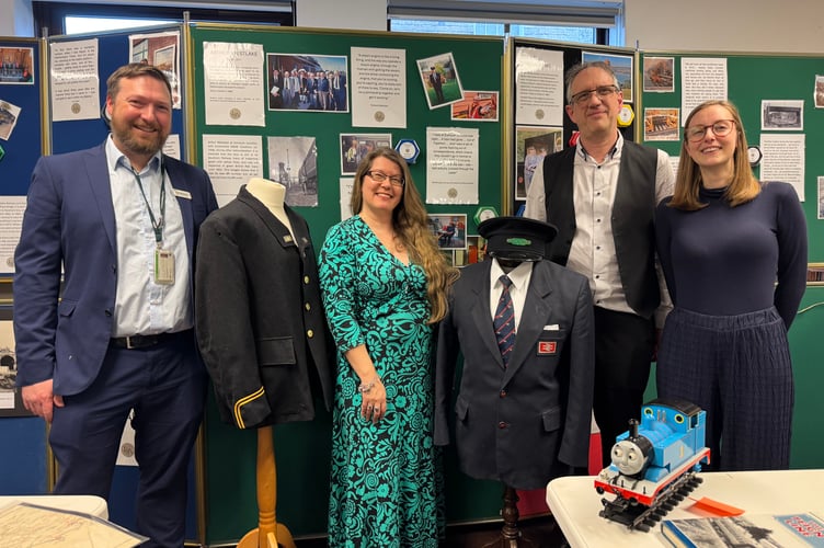 At the unveiling of the Railway Heritage Archive in Crediton Library, from left, David Whiteway, Regional Development Manager West GWR, Project Manager Tracey Norman, Archivist and Founding Curator Mark Norman and Izzy Fitzgerald, Project Co-Ordinator.  AQ 7015
