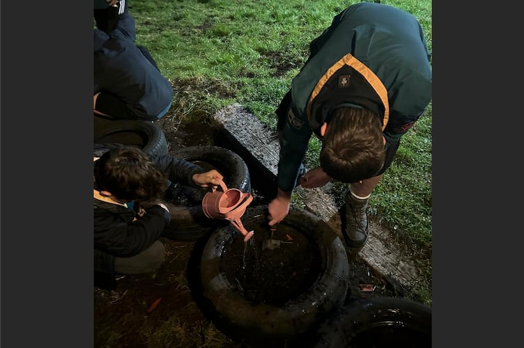 Scouts planting pollinator-friendly seeds outside the Crediton Scout Hut.