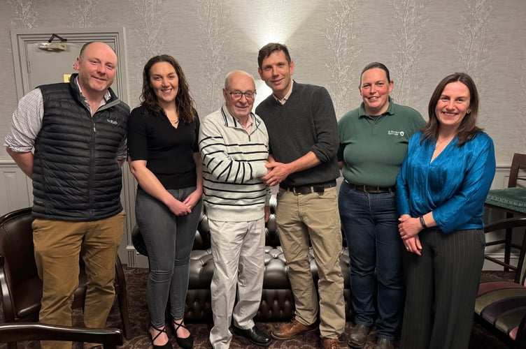Sylvie, third left, is thanked by Tony Kemmish, with left, St Boniface Vets partners Chris Just and Danielle Priestley and right, Ruth Wotton and far right, Marie Kemmish.  AQ 7534
