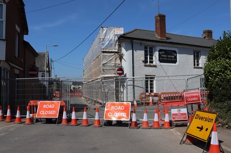 The road closure near The Cross Hotel in Copplestone