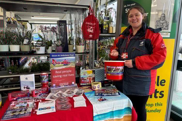 Lifesaving charity Devon Air Ambulance collected generous donations from shoppers at Crediton’s Morrisons store recently.  Pictured is Kelly Phillips, community fundraiser and supporter engagement officer for DAA beside her stall.  AQ 4069
