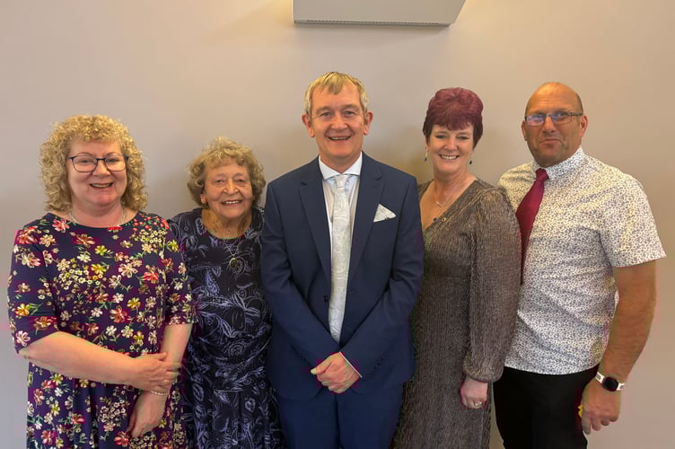Guests at the Lions Club of Crediton and District 47th Charter Anniversary celebration, from left, Carol Furze, Wendy Quick, Alan Quick MJF, Lion Karen Hoskins and Nigel Hoskins.  AQ 8593
