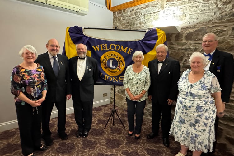 Guests at the Lions Club of Crediton and District 47th Charter Anniversary celebration, from left, Margaret and Bert Jewell, Lion Tony Fitzwalter MJF, Margaret Bryan, Lion Peter Bryan MJF, Lion Margaret Drew and President Ivor Payne MJF.  AQ 8603
