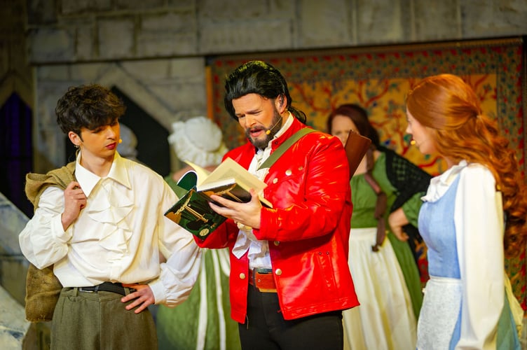 Adam Cavanagh as LeFou, Paul Tebbit as Maurice and Victoria Woods as Belle, in CODS Beauty and the Beast.  Image: Rory Oliver
