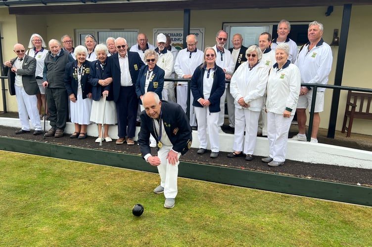 Henry Cruwys, the 2025 President, bowls the first wood of the new season at Morchard Bishop.

