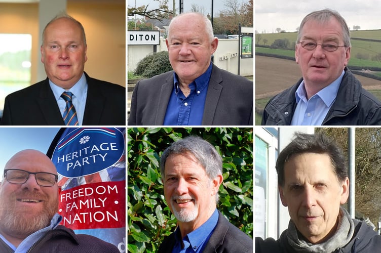 Devon County Council Crediton division 2025 election candidates. From top left, Reform UK candidate Charles Beazley, Liberal Democrat candidate Jim Cairney, Conservative candidate Angus Howie. From bottom left, Heritage Party candidate Wesley Mitchell, Green Party candidate Rob Rickey, Labour candidate Paul Vincent