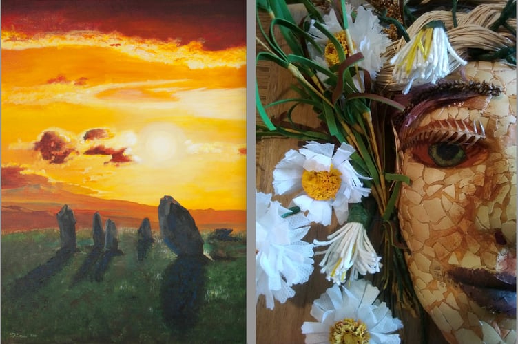A painting by John Lewis and a mask by Teresa Rodrigues.
