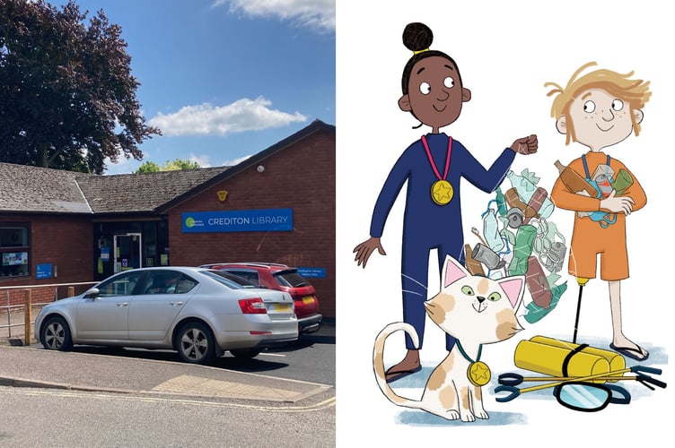 Crediton Library, left, with characters Pip, Zena and Libro
