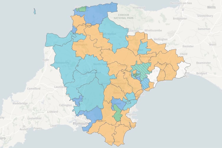 Map of 2025 local election results in Devon (DCC)