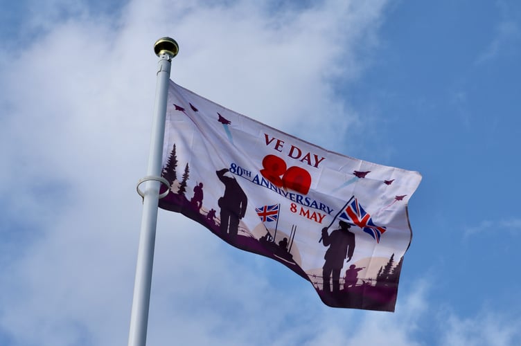 Special VE Day 80 flag flying at North Tawton