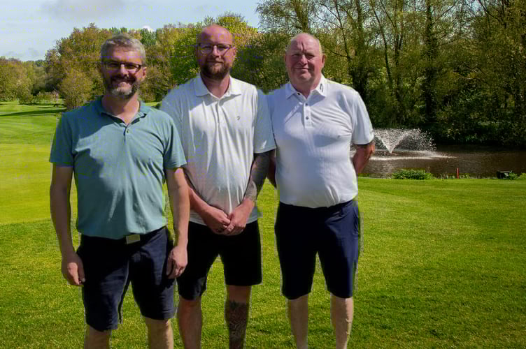 May 3 Texas Scramble winners at Downes Crediton, Gary Spragg, Sam Drewe, and Chris Drewe.
