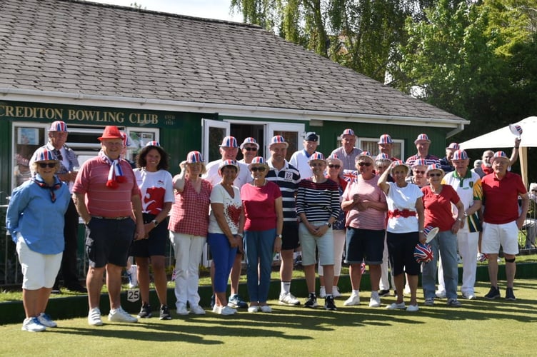 Red, white and blue for Crediton Bowling Club members.

