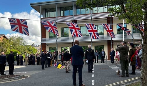 During the VE Day 80 ceremony at Phoenix House, Tiverton.
