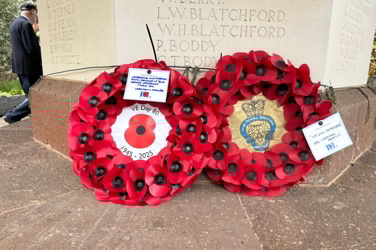 The VE Day 80 wreath, left, which was laid by Crediton RBL President Henry Parker. AQ 0817