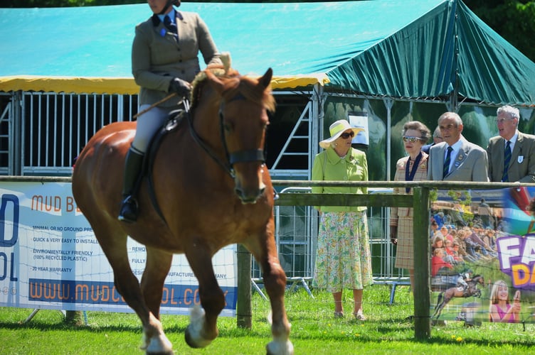 Devon County Show. Show President HRH The Princess Royal viewing the horses